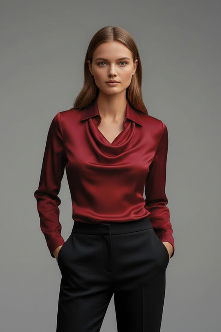 Eugenia-Ramona | Women's Draped-Collar Satin Blouse with Long Sleeves