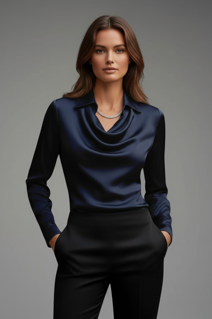 Eugenia-Ramona | Women's Draped-Collar Satin Blouse with Long Sleeves