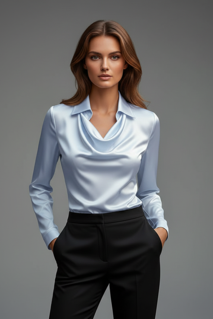 Eugenia-Ramona | Women's Draped-Collar Satin Blouse with Long Sleeves