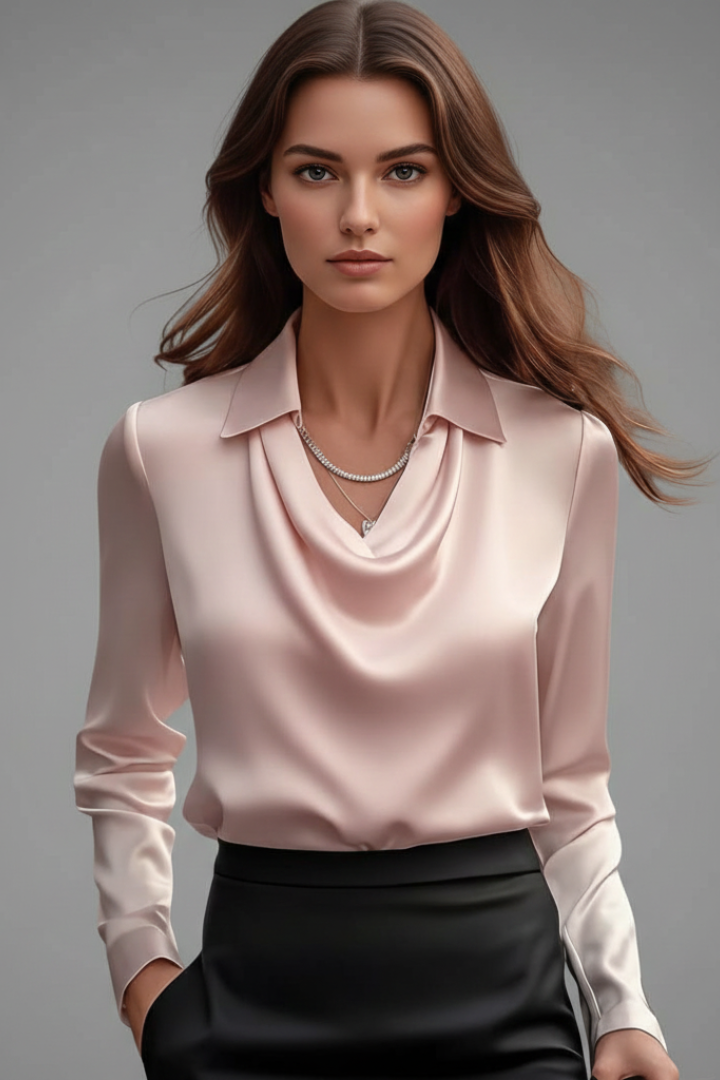 Eugenia-Ramona | Women's Draped-Collar Satin Blouse with Long Sleeves