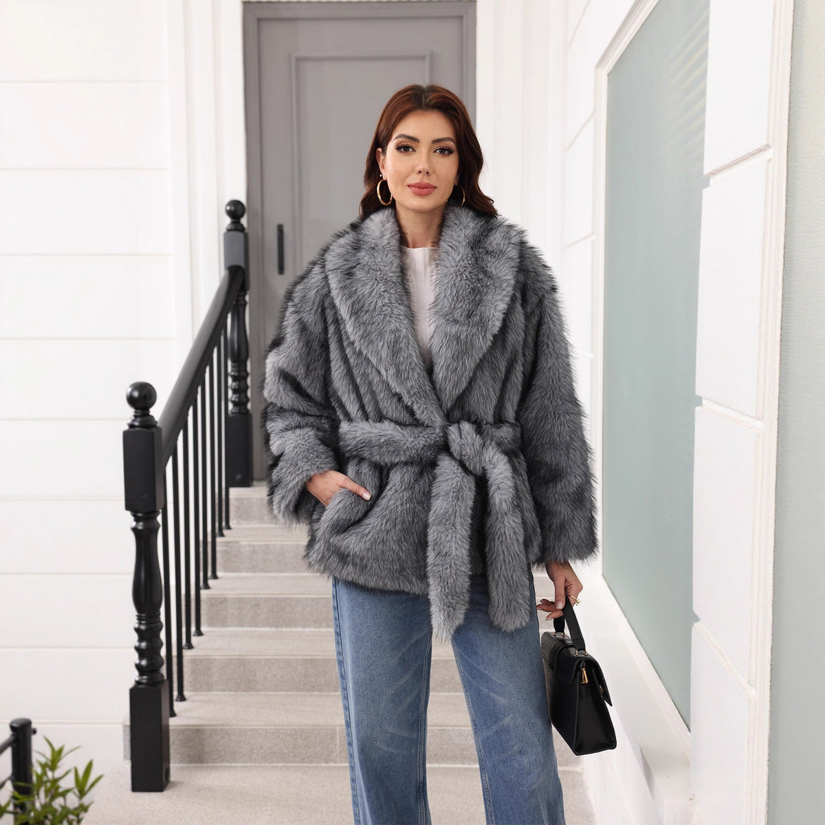 Tamara | Women's Faux Fur Shawl-Collar Wrap Jacket
