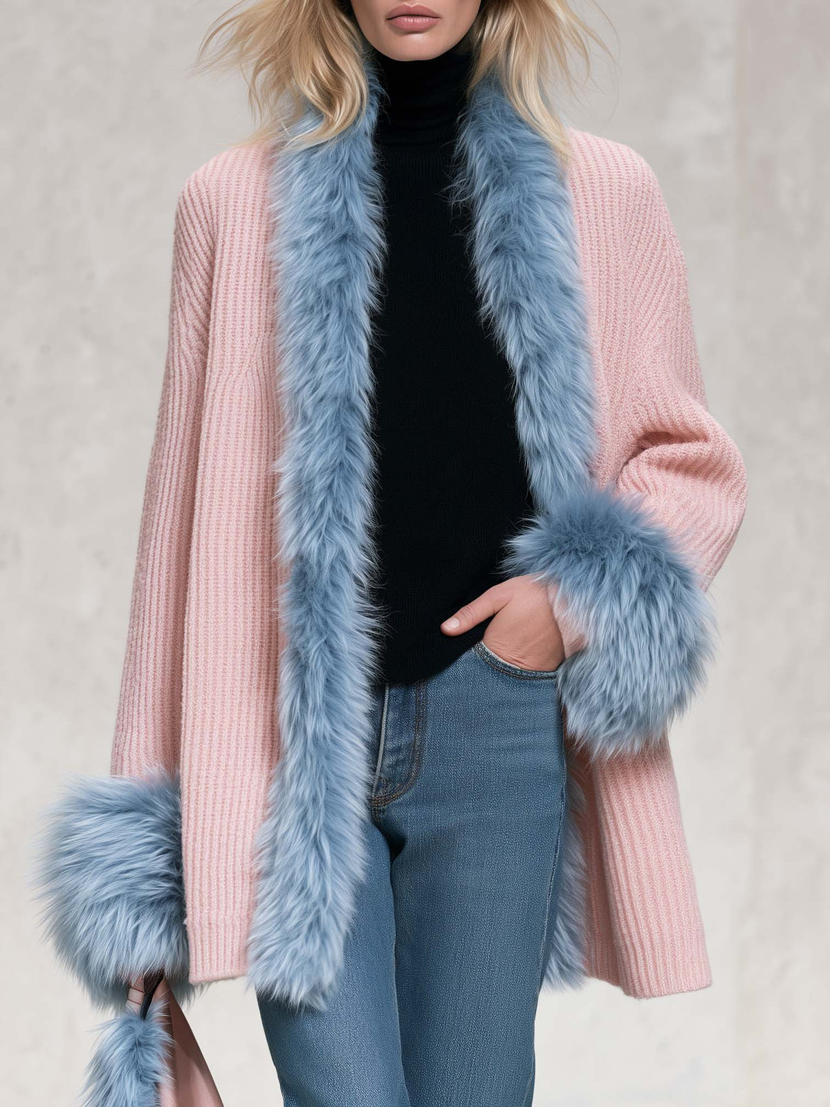 Odette-Ophelia | Women's Faux Fur Trim Shawl-Collar Chunky Knit Cardigan