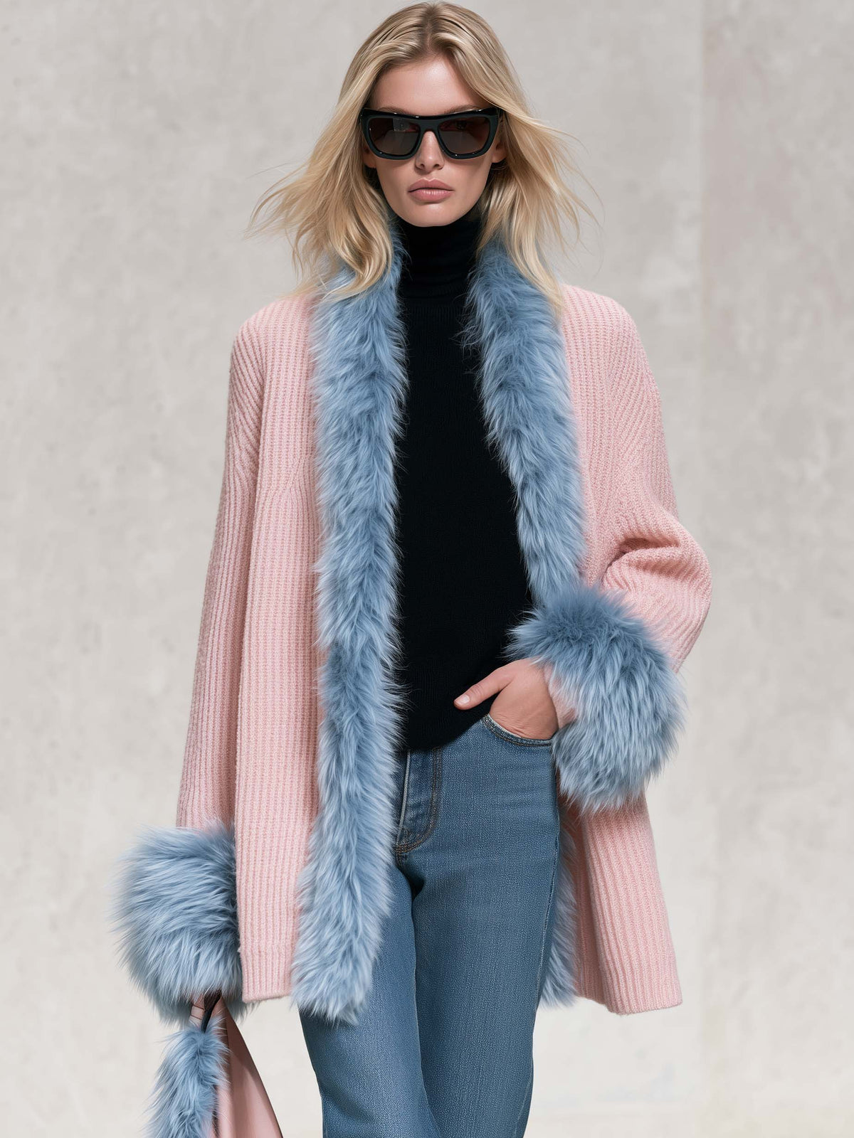 Odette-Ophelia | Women's Faux Fur Trim Shawl-Collar Chunky Knit Cardigan