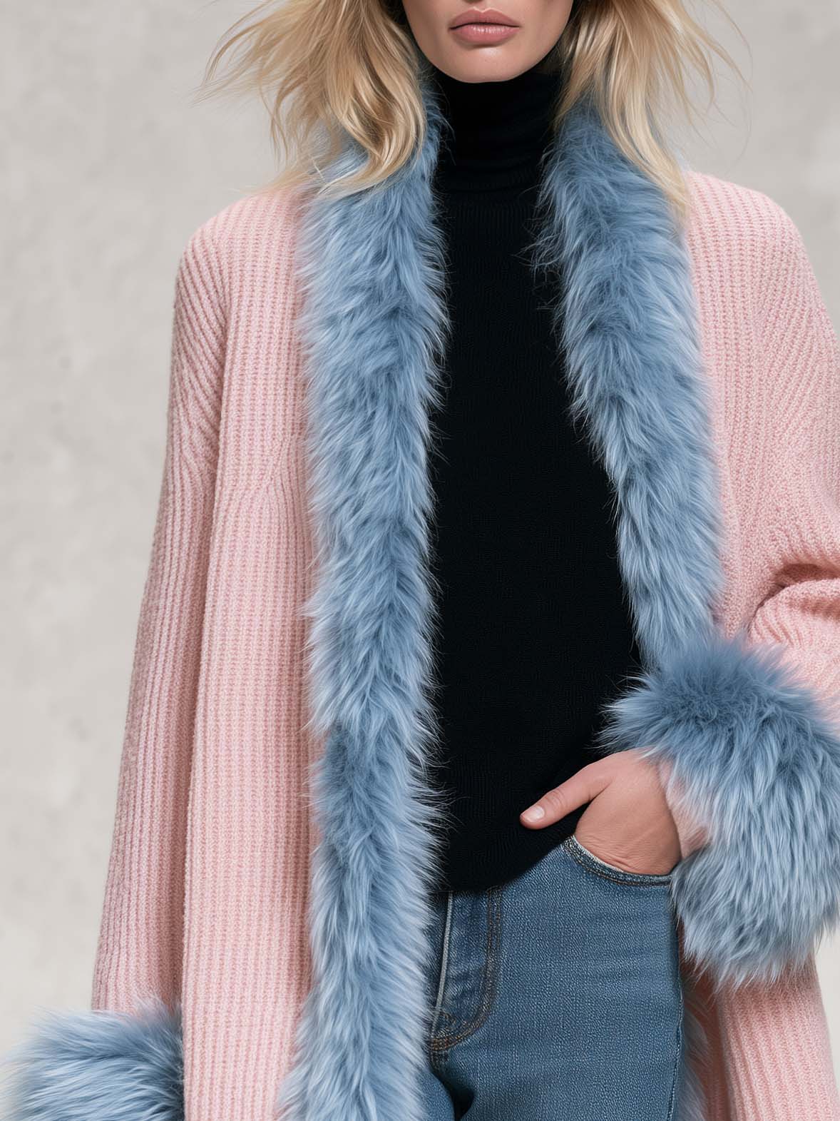 Odette-Ophelia | Women's Faux Fur Trim Shawl-Collar Chunky Knit Cardigan