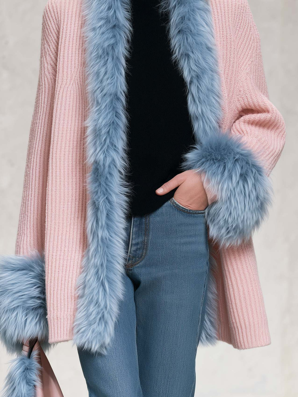 Odette-Ophelia | Women's Faux Fur Trim Shawl-Collar Chunky Knit Cardigan