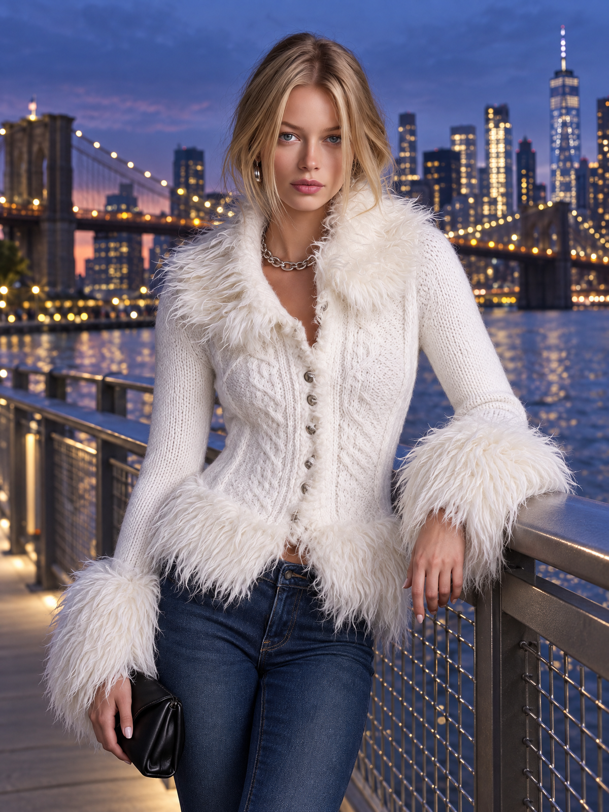 Celeste-Viola | Women's Fitted Cable-Knit Cardigan with Plush Trim