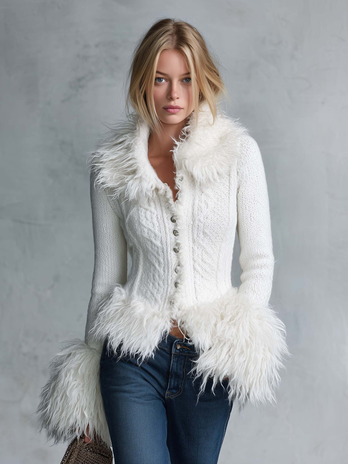 Celeste-Viola | Women's Fitted Cable-Knit Cardigan with Plush Trim