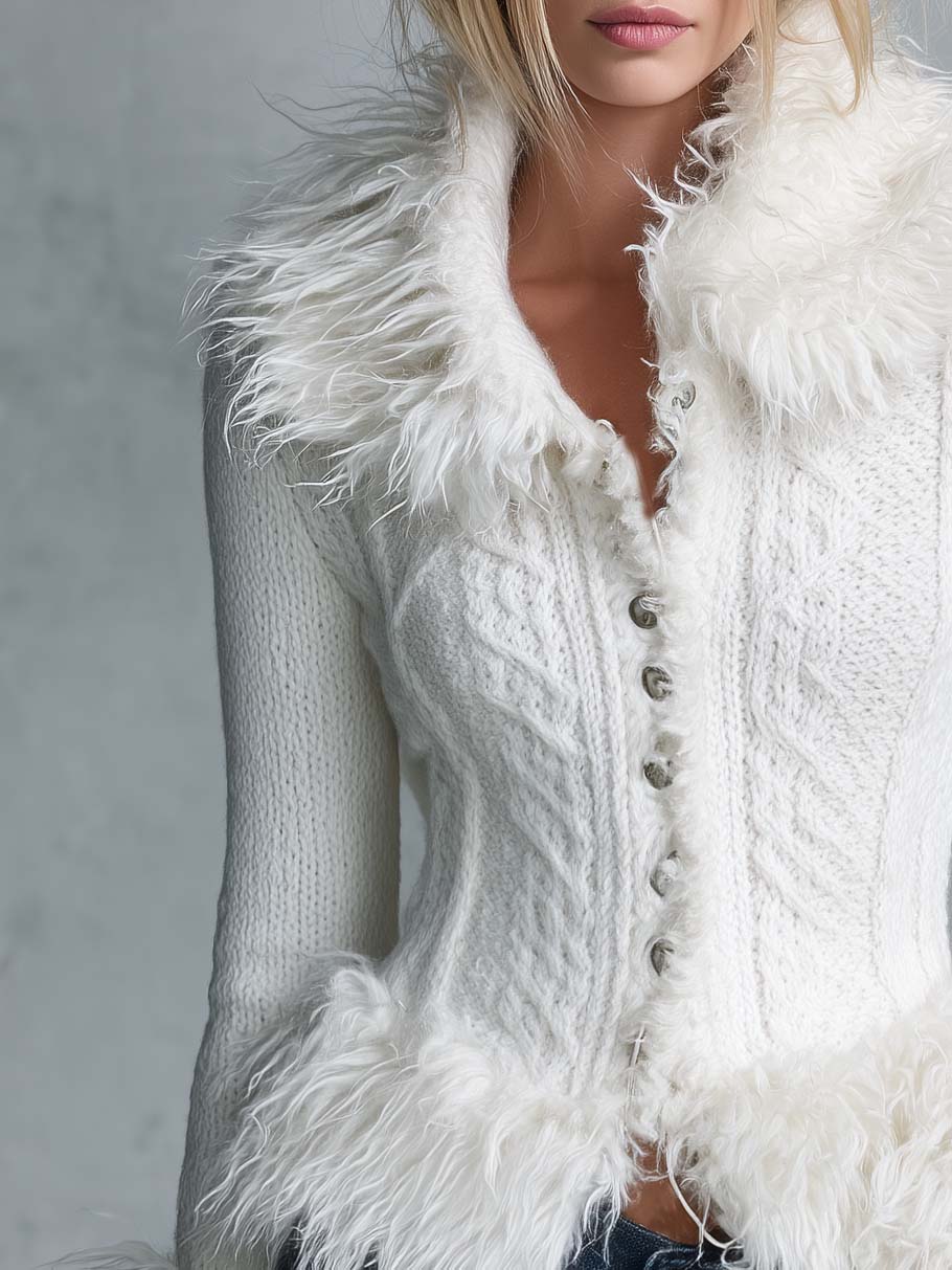 Celeste-Viola | Women's Fitted Cable-Knit Cardigan with Plush Trim