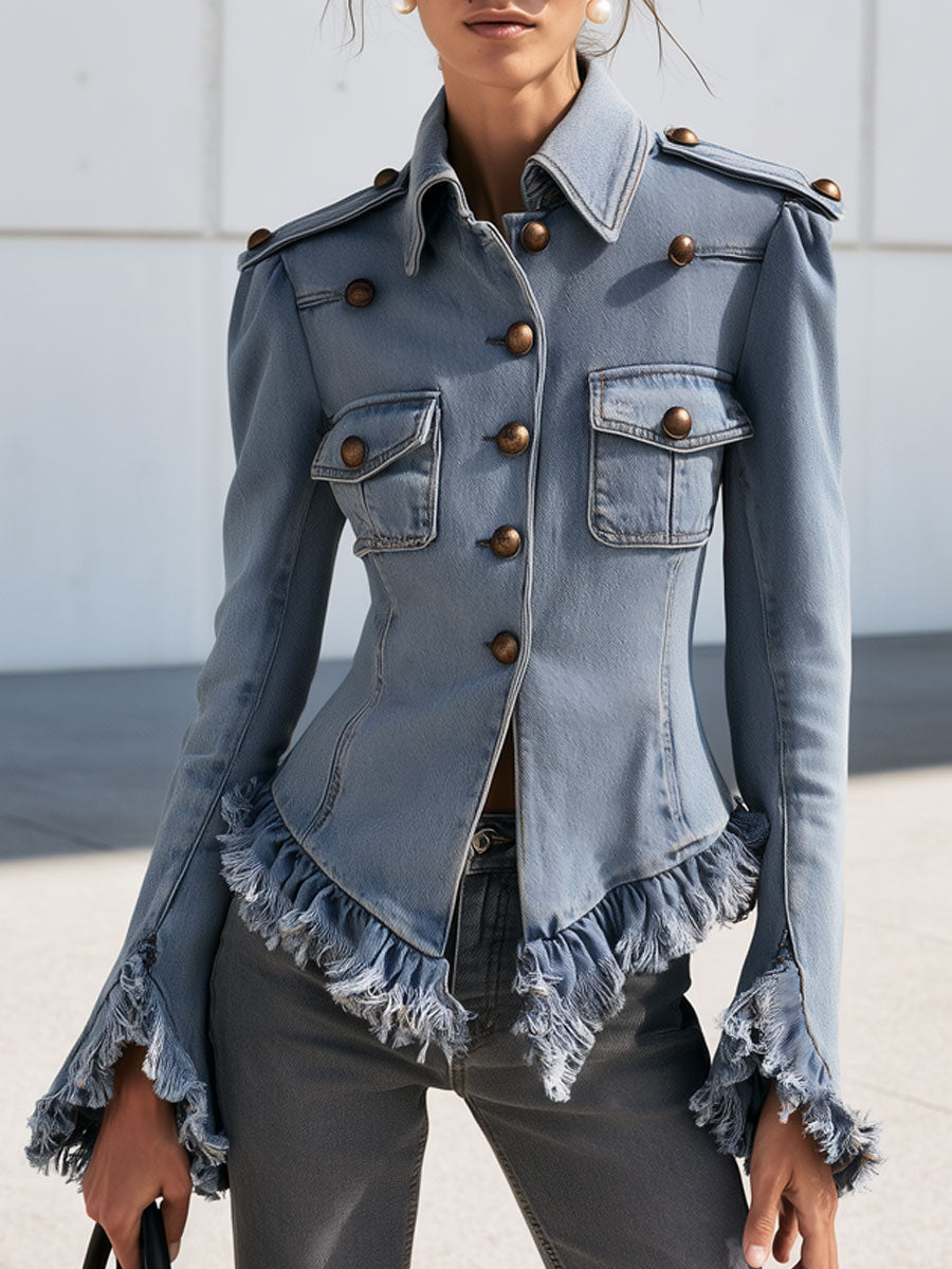 Wilhelmina-Regina | Women's Frayed Ruffle Denim Jacket