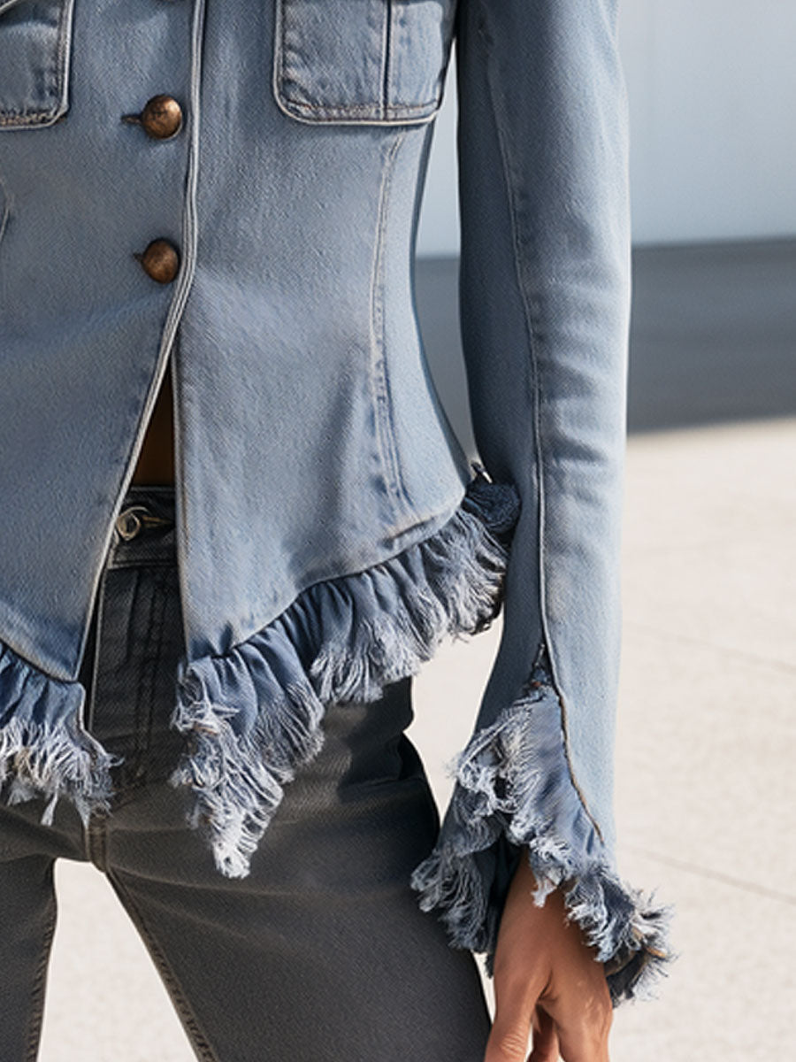 Wilhelmina-Regina | Women's Frayed Ruffle Denim Jacket