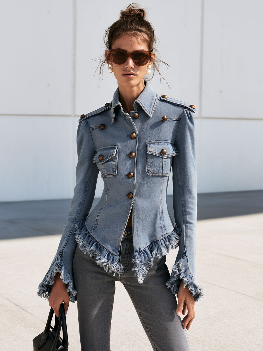 Wilhelmina-Regina | Women's Frayed Ruffle Denim Jacket
