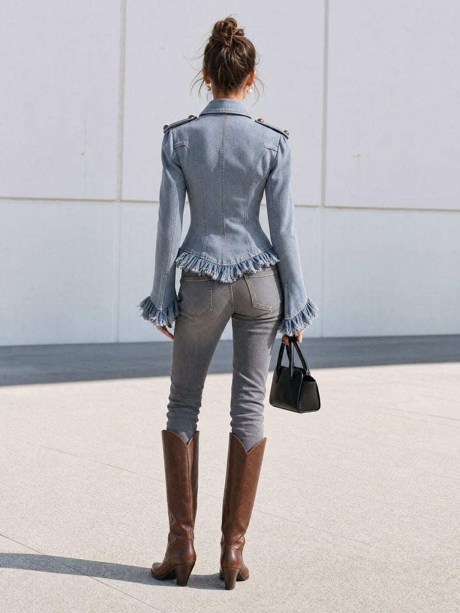 Wilhelmina-Regina | Women's Frayed Ruffle Denim Jacket