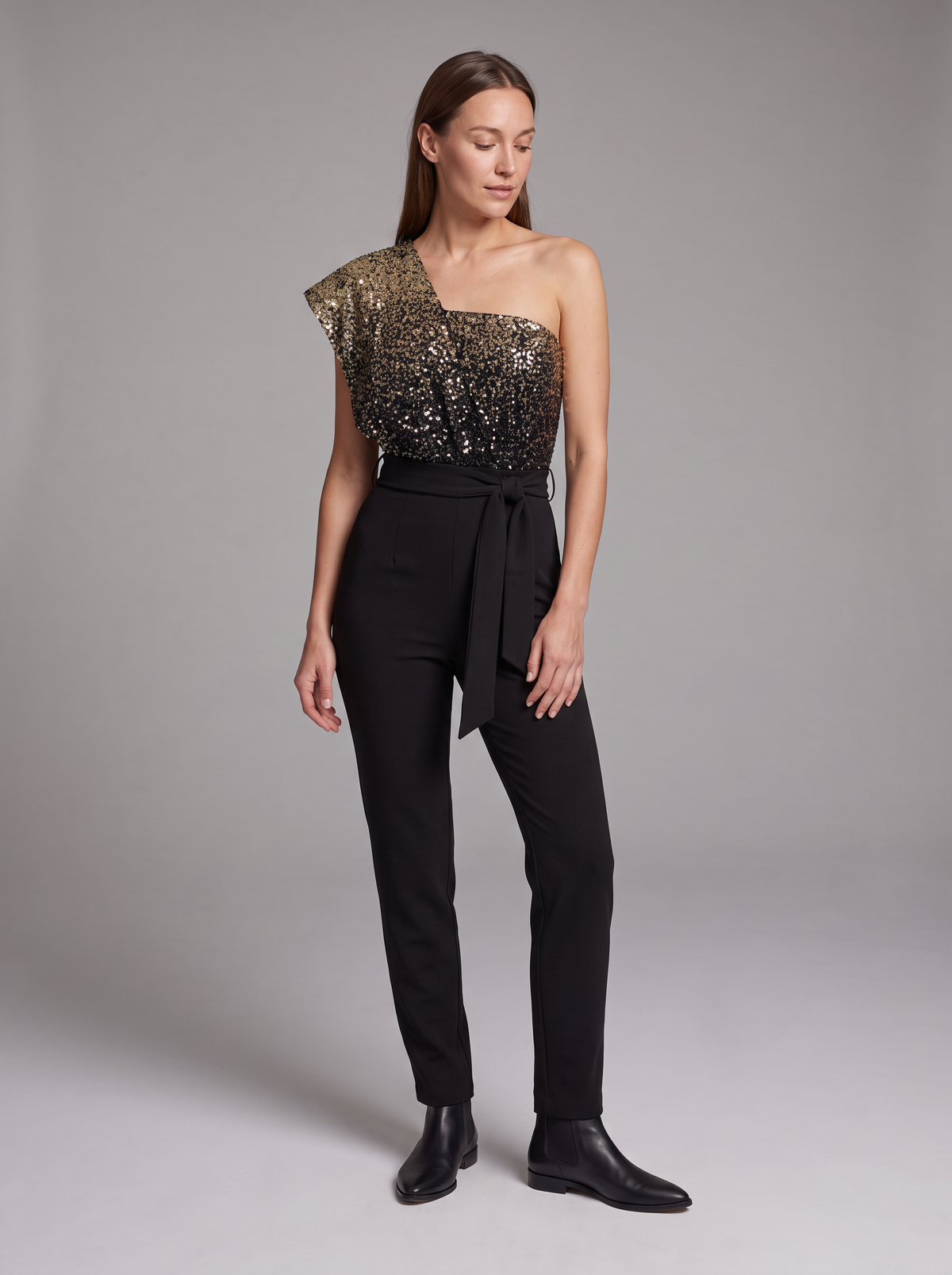 Agnes-Beatrix | Women's Gold One-Shoulder Tied-Waist Jumpsuit