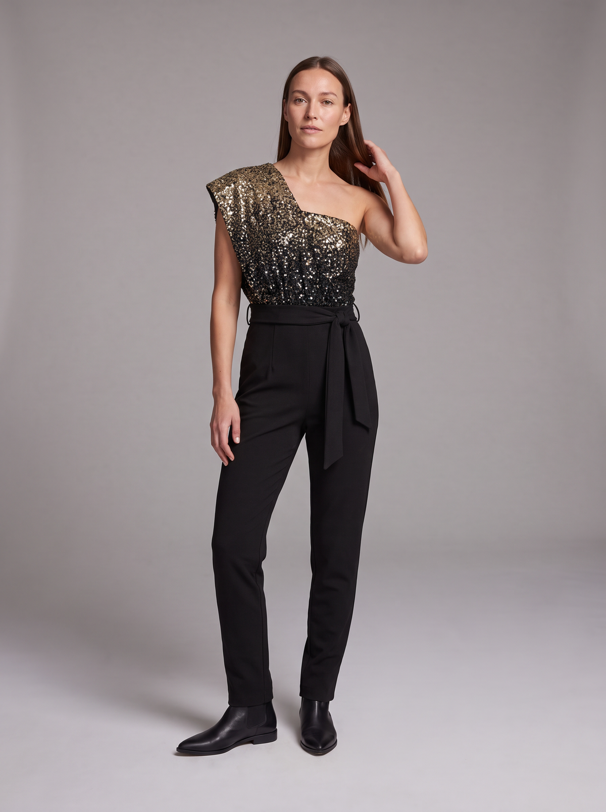 Agnes-Beatrix | Women's Gold One-Shoulder Tied-Waist Jumpsuit