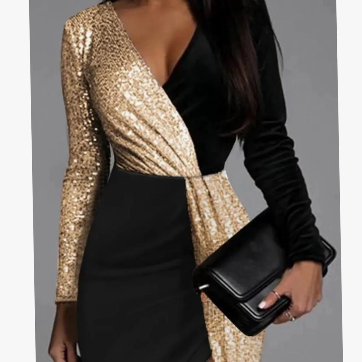 Delia-Gwendolyn | Women's Gold Sequin Color-Block Front-Slit Mini Dress