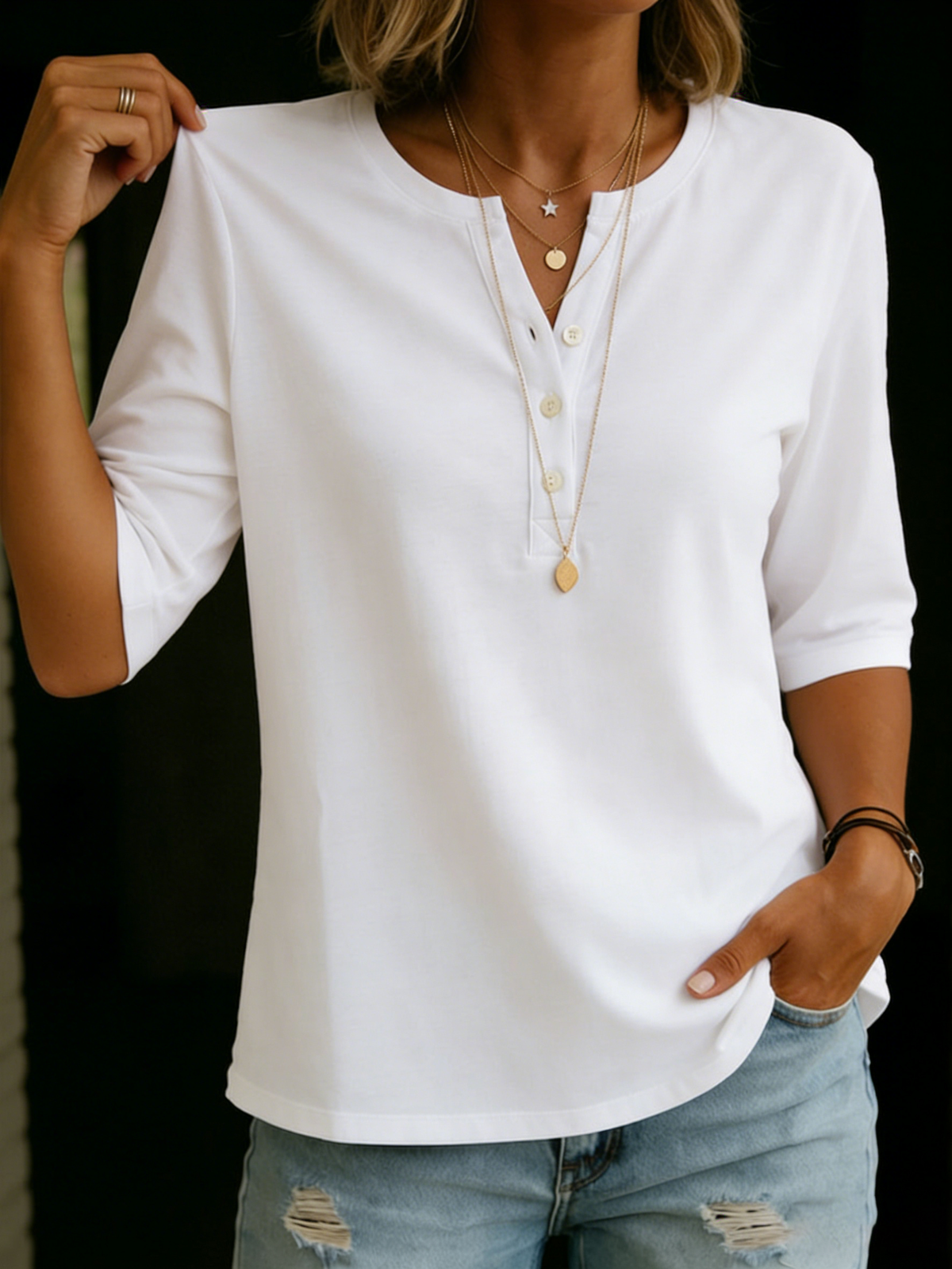 Ramona-Helena | Women's Henley Collar Cotton T-Shirt