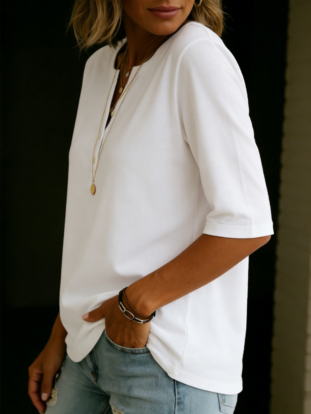 Ramona-Helena | Women's Henley Collar Cotton T-Shirt