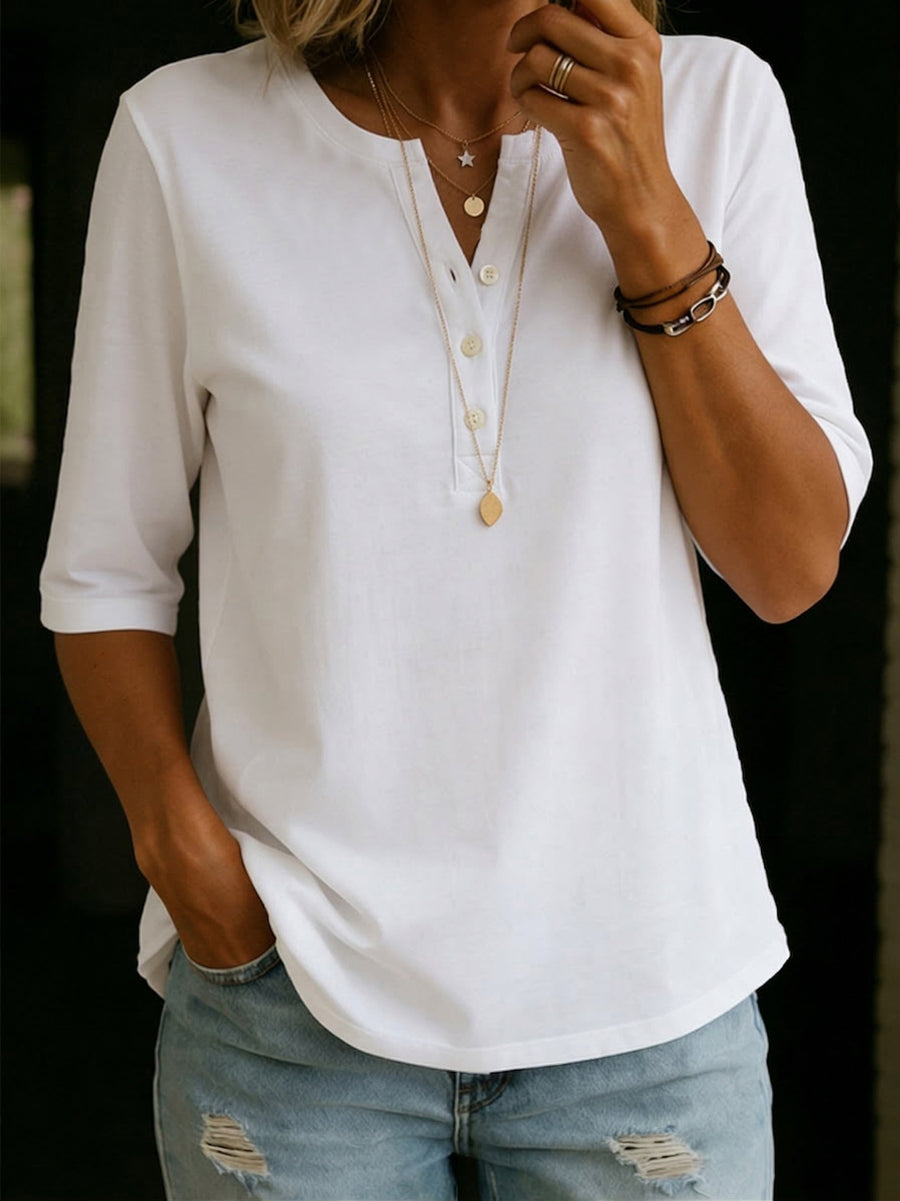 Ramona-Helena | Women's Henley Collar Cotton T-Shirt