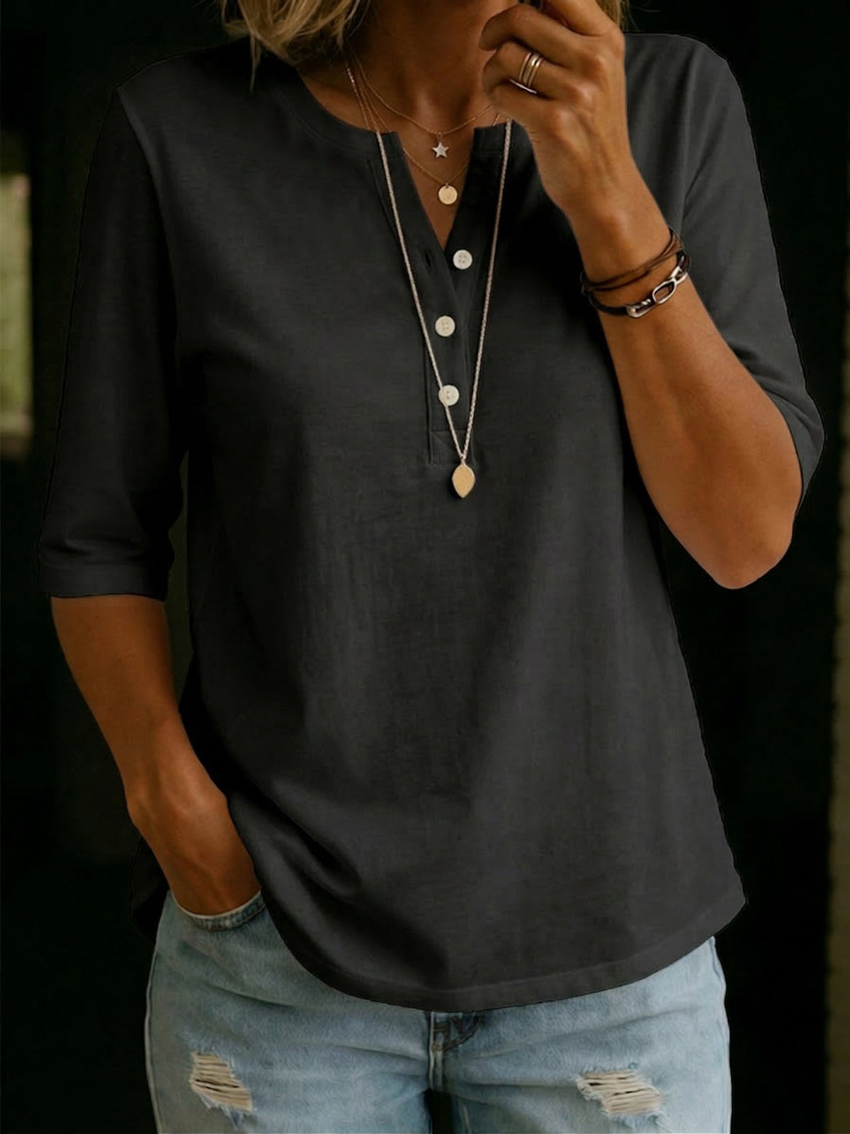 Ramona-Helena | Women's Henley Collar Cotton T-Shirt