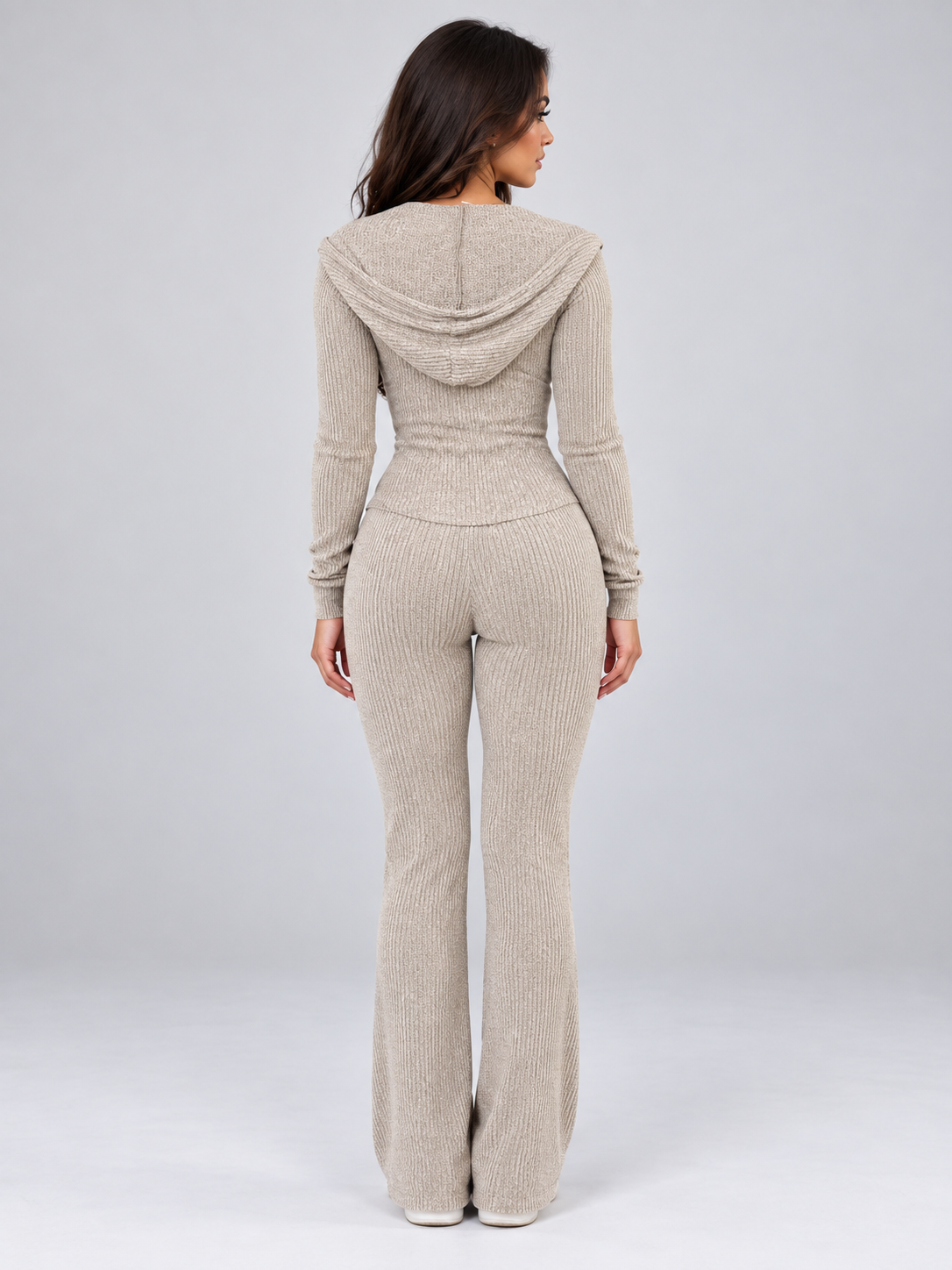 Georgia-Camilla | Women's Hooded Ribbed Knit Wide-Leg Lounge Set