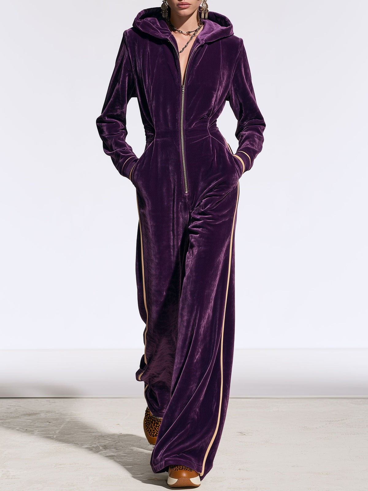 Patricia-Winifred | Women's Hooded Velvet Jumpsuit