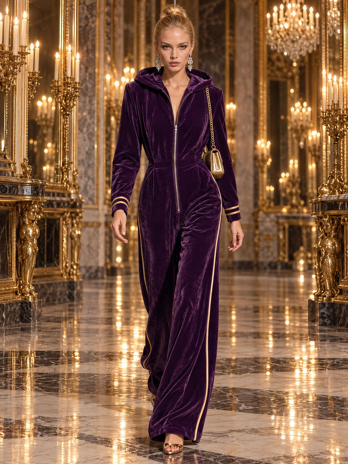 Patricia-Winifred | Women's Hooded Velvet Jumpsuit