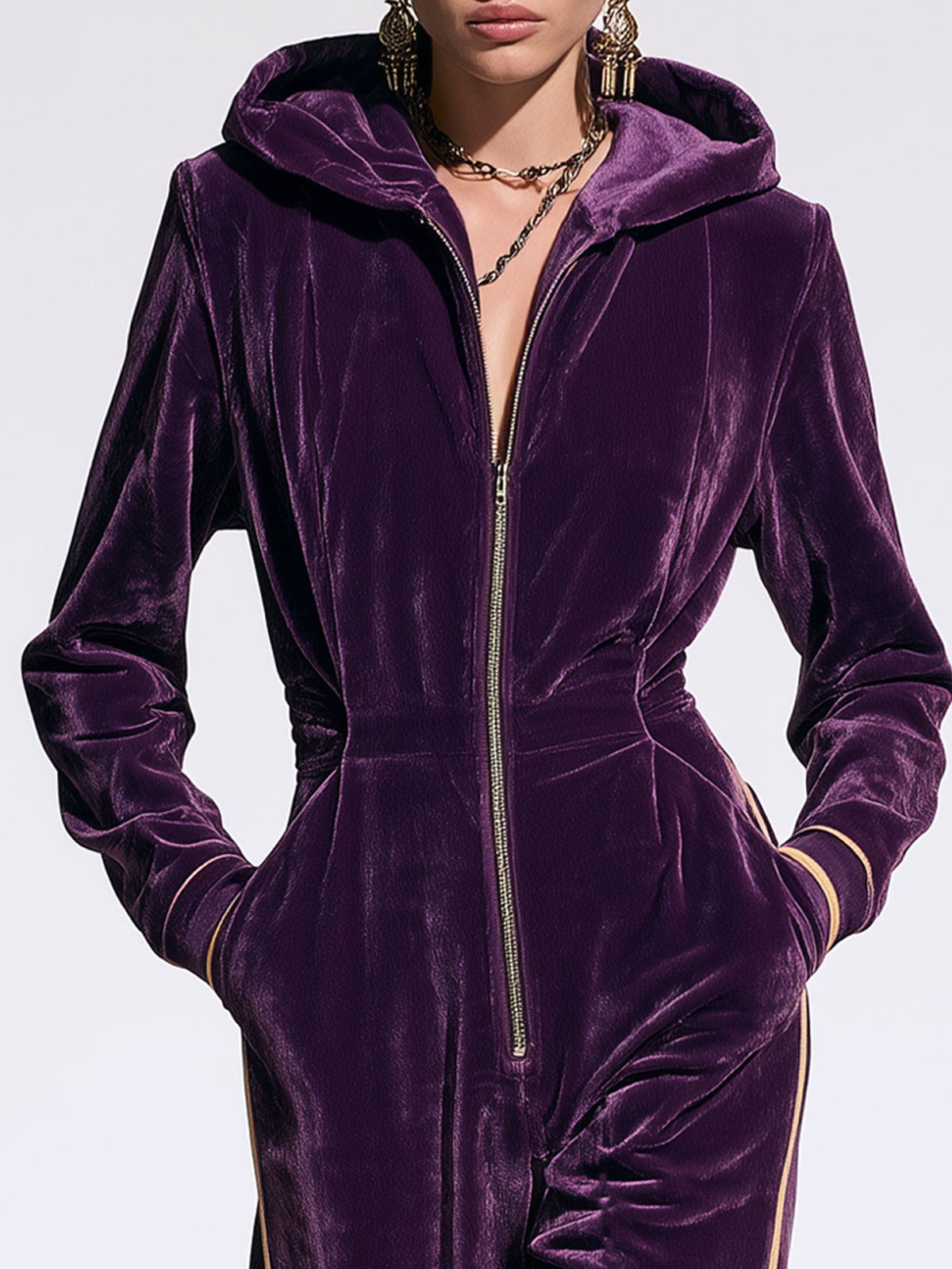 Patricia-Winifred | Women's Hooded Velvet Jumpsuit