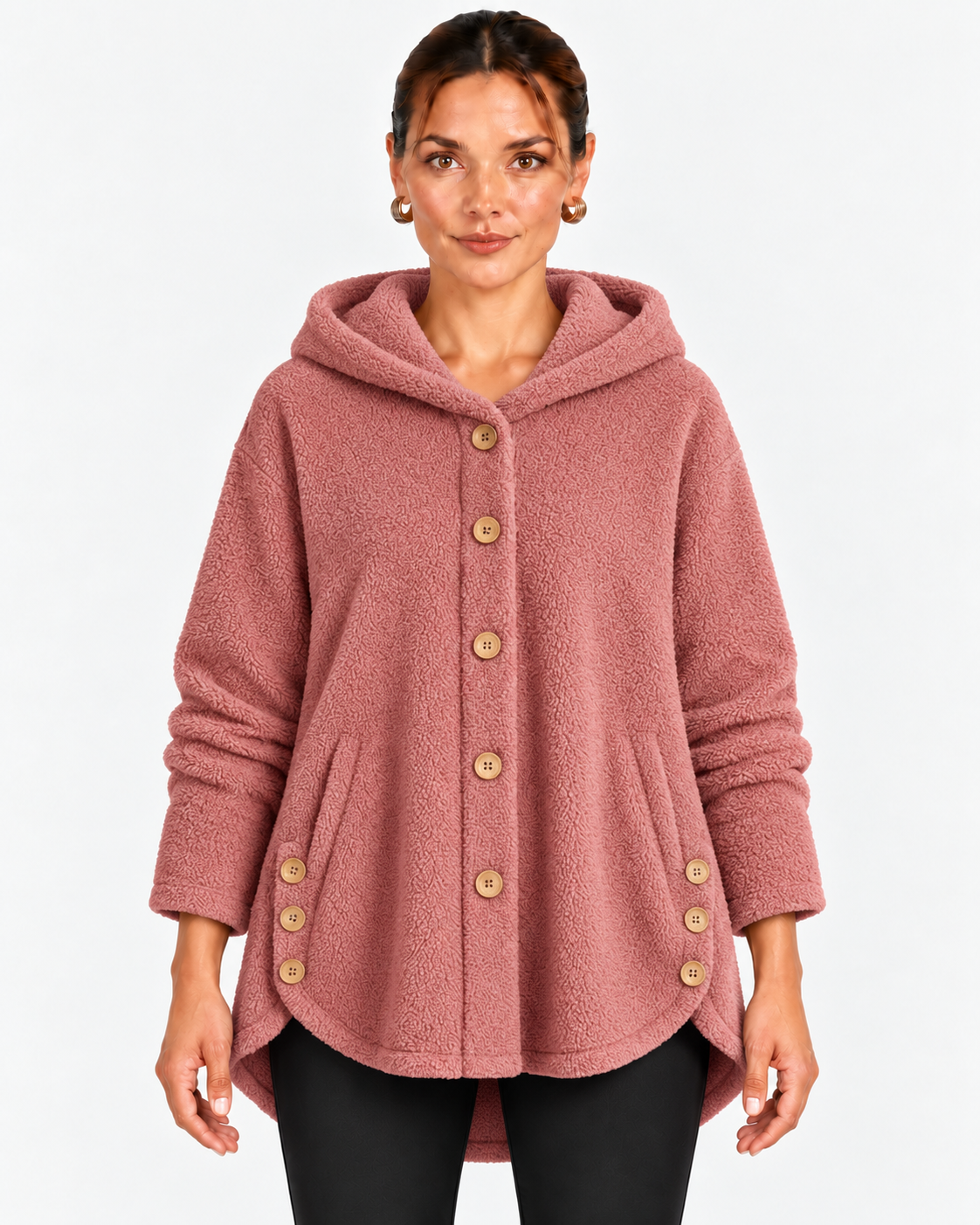 Nella-Madeline | Women's Hooded Wooden-Button Fleece Coat