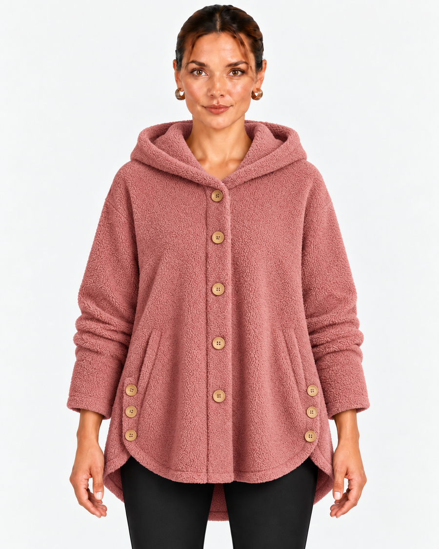 Nella-Madeline | Women's Hooded Wooden-Button Fleece Coat