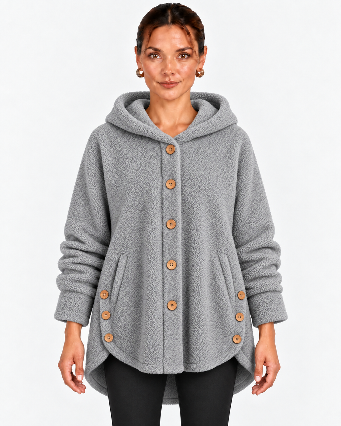 Nella-Madeline | Women's Hooded Wooden-Button Fleece Coat