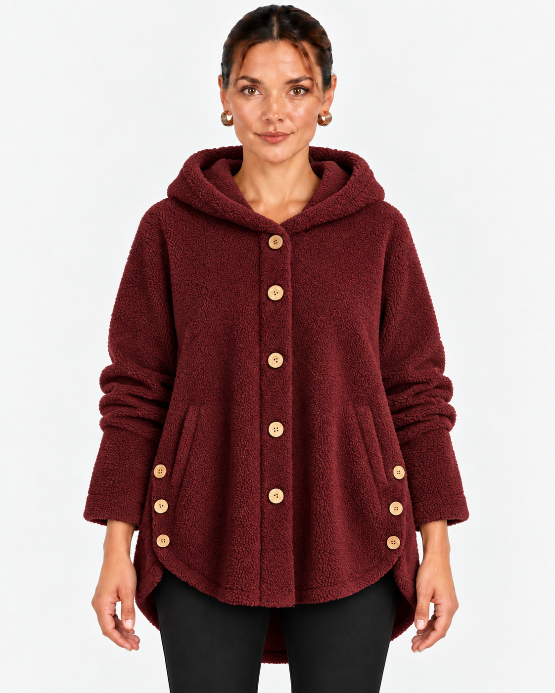 Nella-Madeline | Women's Hooded Wooden-Button Fleece Coat