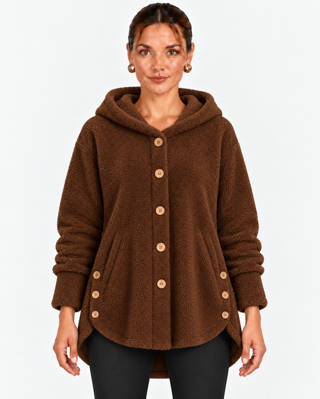 Nella-Madeline | Women's Hooded Wooden-Button Fleece Coat