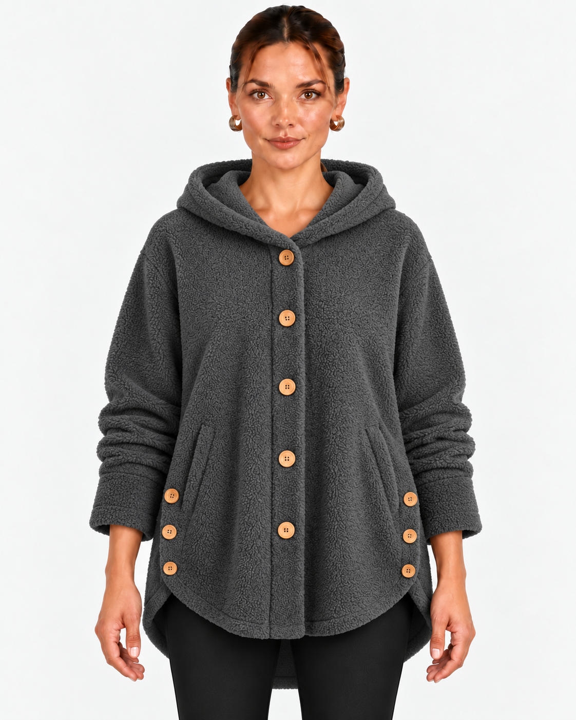 Nella-Madeline | Women's Hooded Wooden-Button Fleece Coat