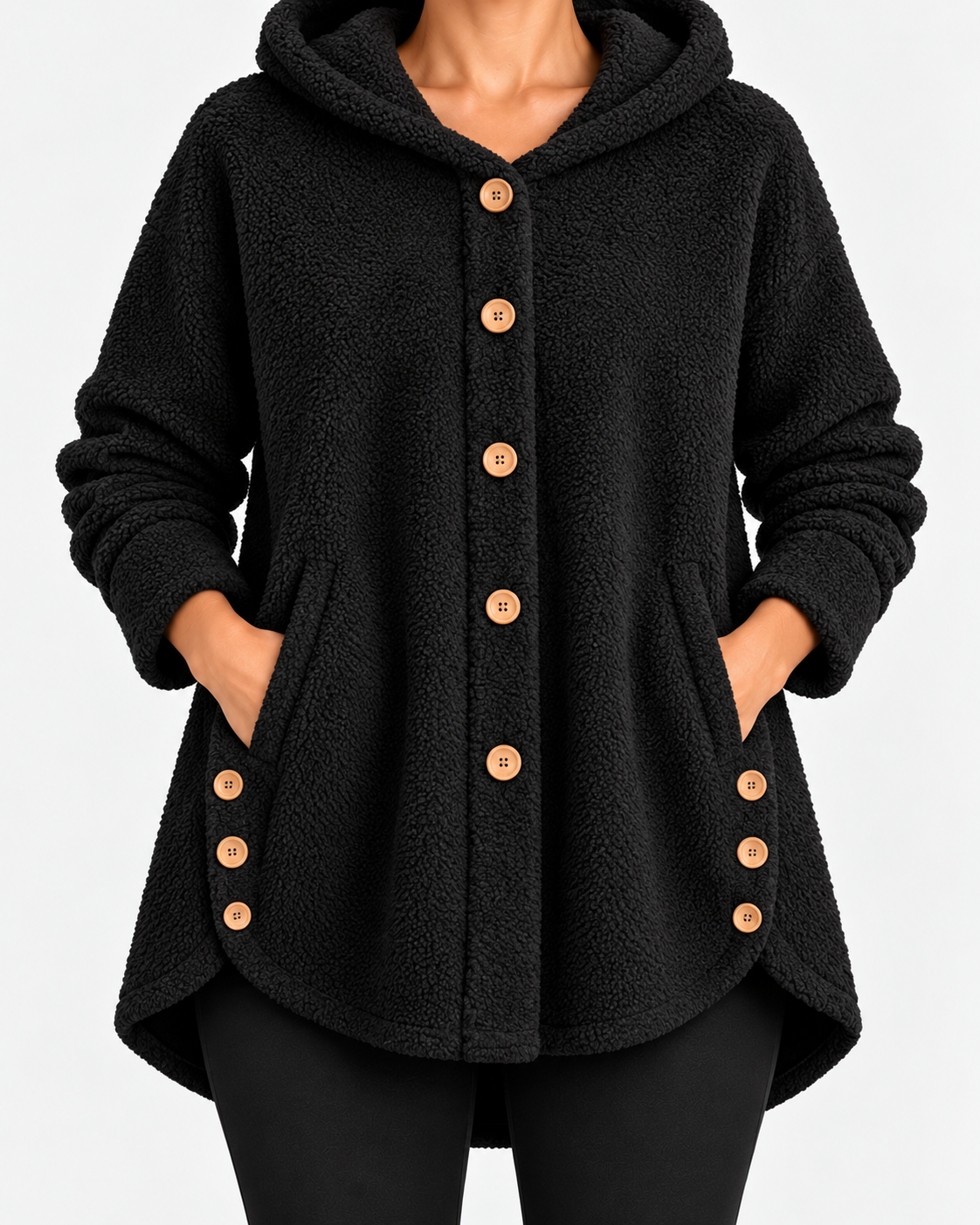 Nella-Madeline | Women's Hooded Wooden-Button Fleece Coat