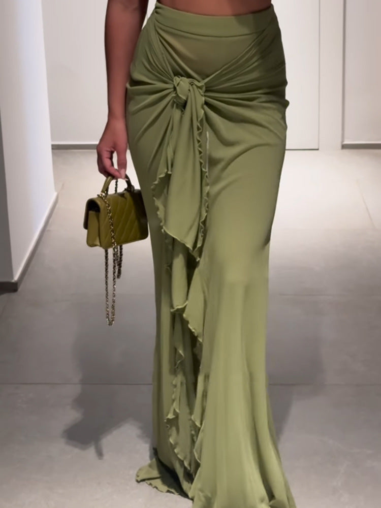 Ingrid-Opal | Women's Knot-Front Asymmetrical Ruffle-Slit Maxi Skirt