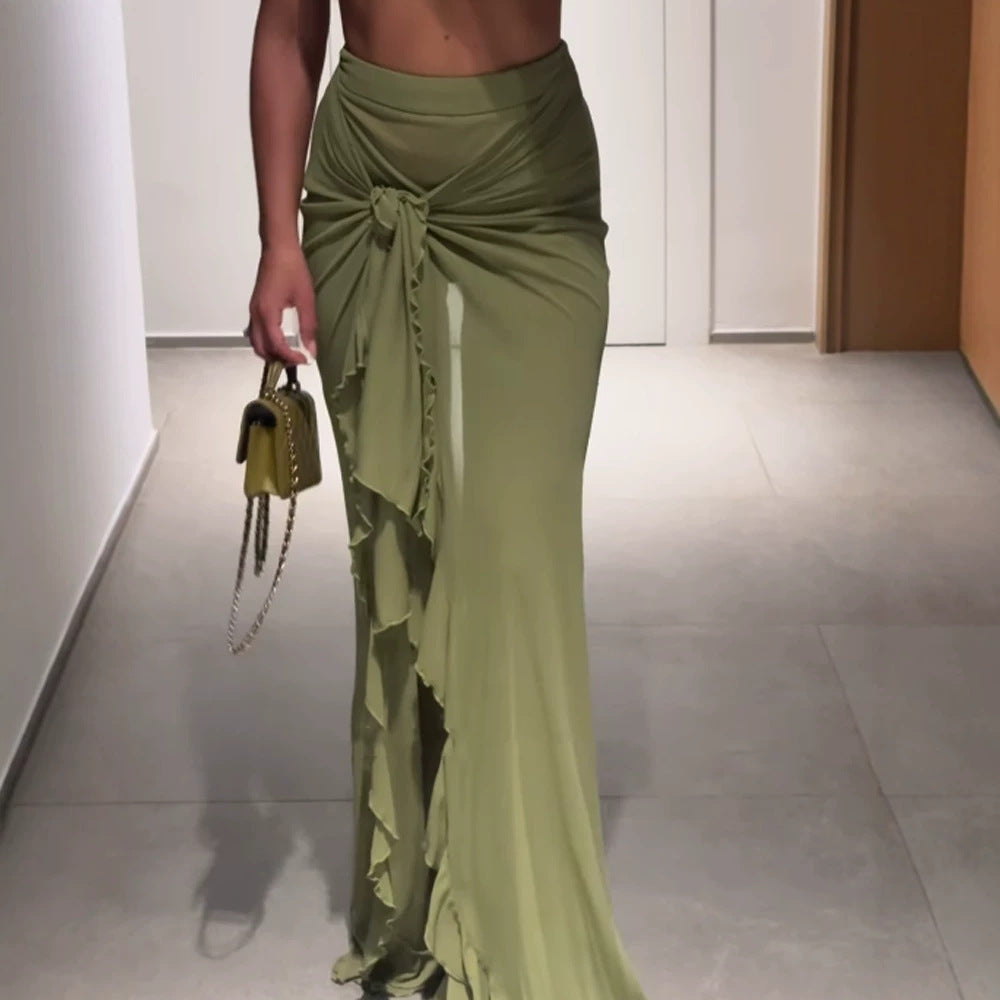 Ingrid-Opal | Women's Knot-Front Asymmetrical Ruffle-Slit Maxi Skirt