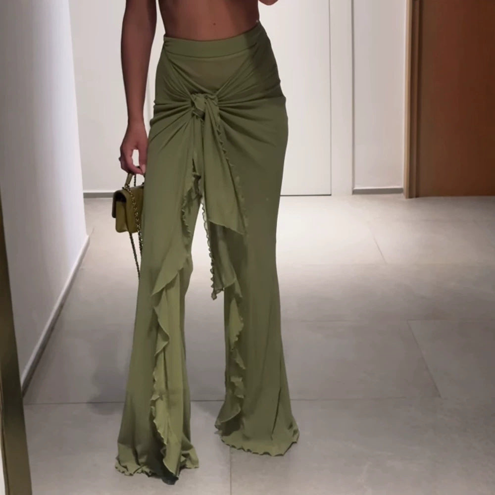 Ingrid-Opal | Women's Knot-Front Asymmetrical Ruffle-Slit Maxi Skirt
