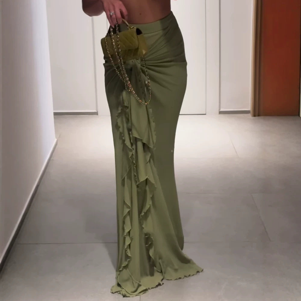 Ingrid-Opal | Women's Knot-Front Asymmetrical Ruffle-Slit Maxi Skirt
