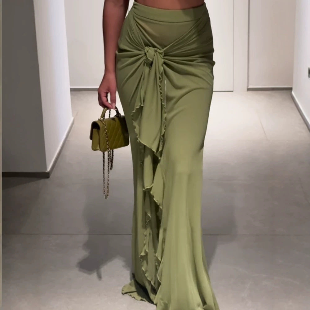 Ingrid-Opal | Women's Knot-Front Asymmetrical Ruffle-Slit Maxi Skirt