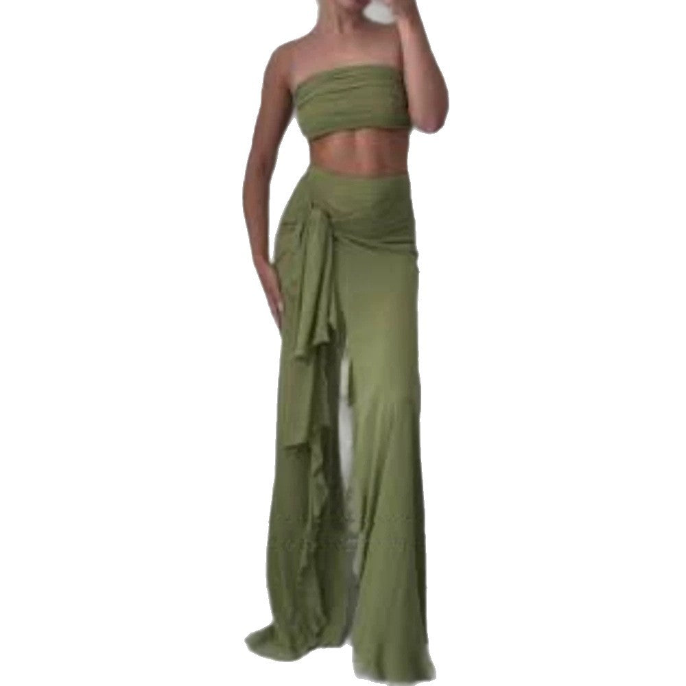 Ingrid-Opal | Women's Knot-Front Asymmetrical Ruffle-Slit Maxi Skirt