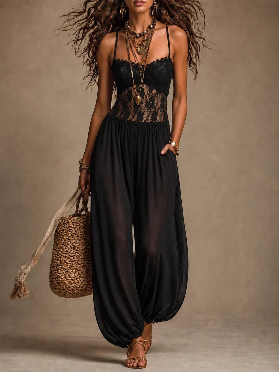 Astrid-Georgia | Women's Lace-Bodice Chiffon Harem Jumpsuit
