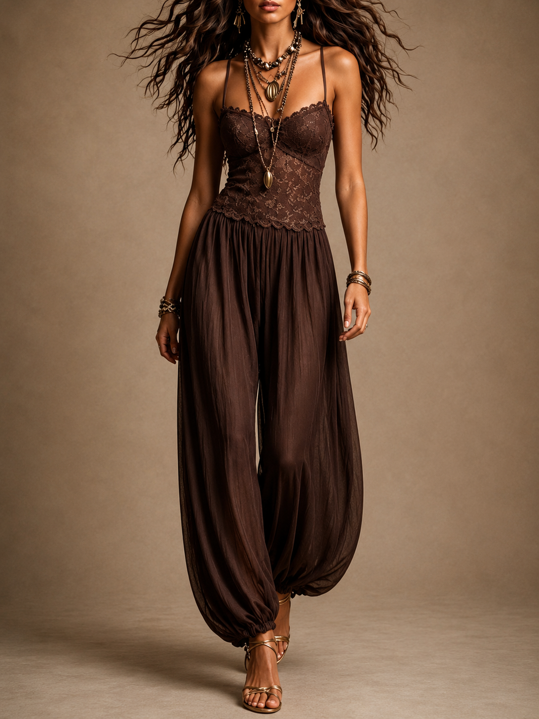Astrid-Georgia | Women's Lace-Bodice Chiffon Harem Jumpsuit