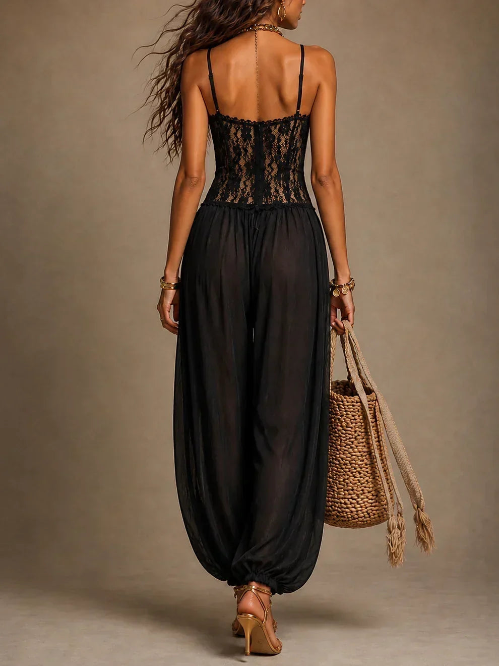 Astrid-Georgia | Women's Lace-Bodice Chiffon Harem Jumpsuit