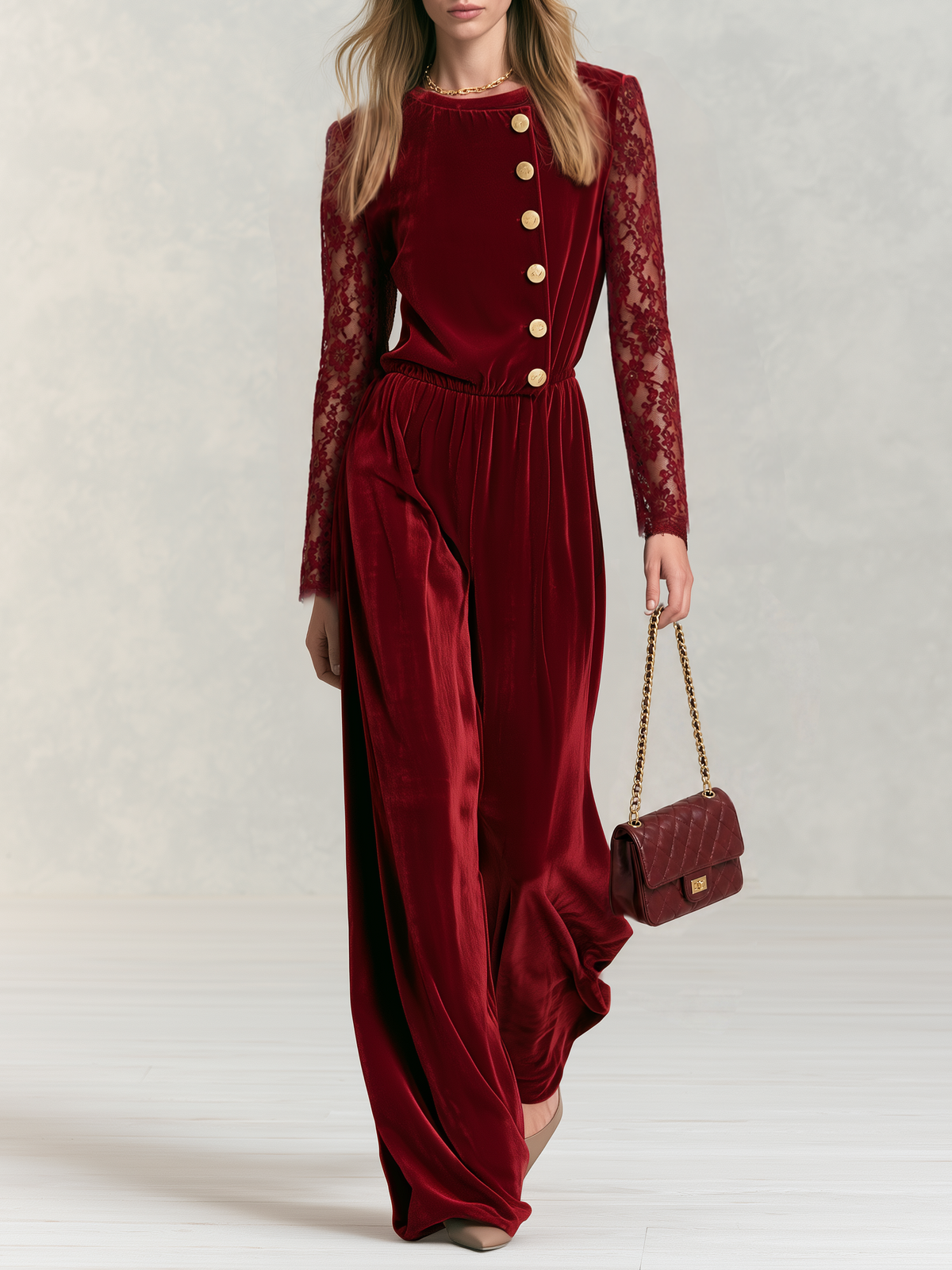 Tamara-Colette | Women's Lace-Sleeve Velvet Wide-Leg Jumpsuit