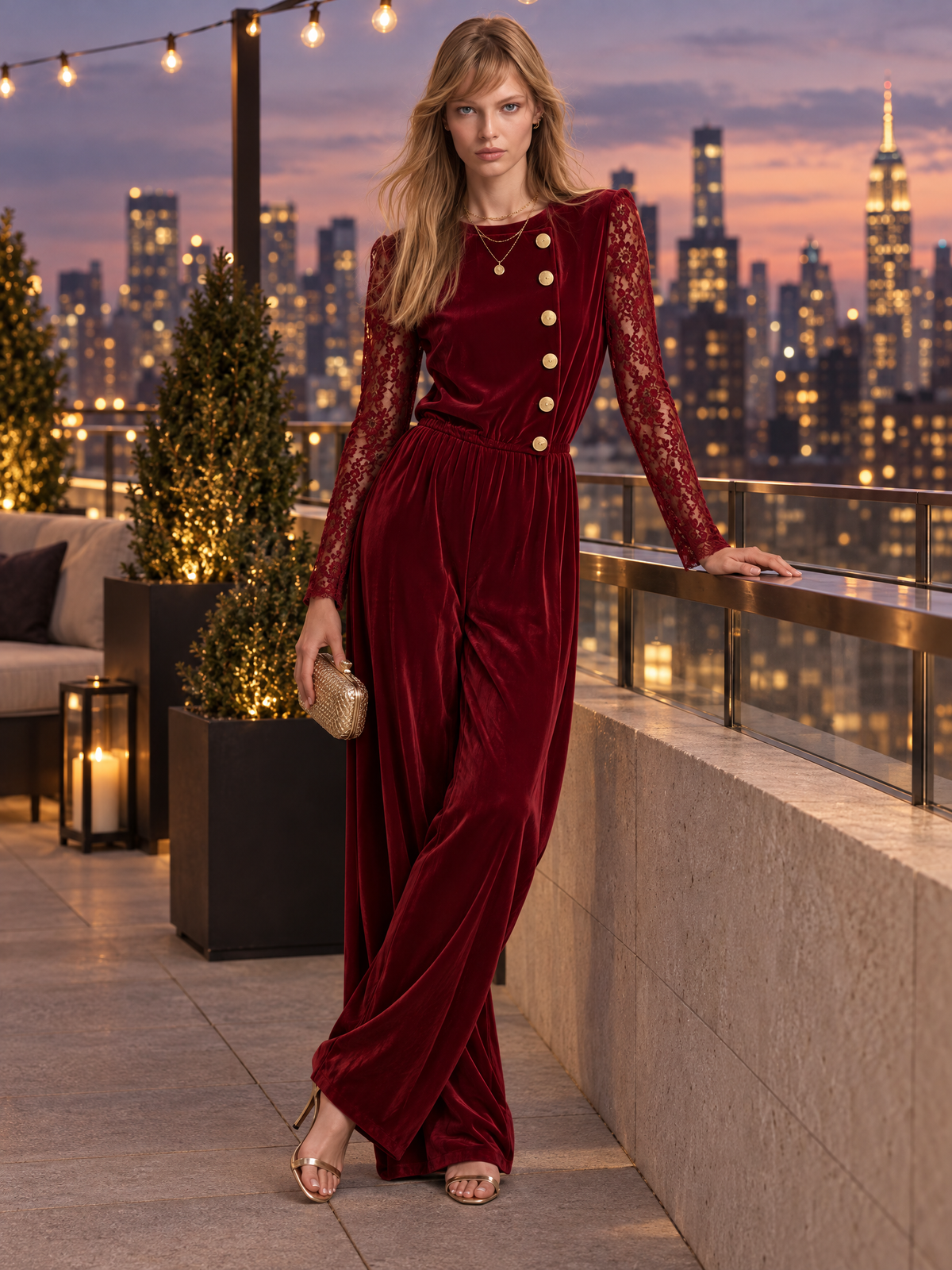 Tamara-Colette | Women's Lace-Sleeve Velvet Wide-Leg Jumpsuit