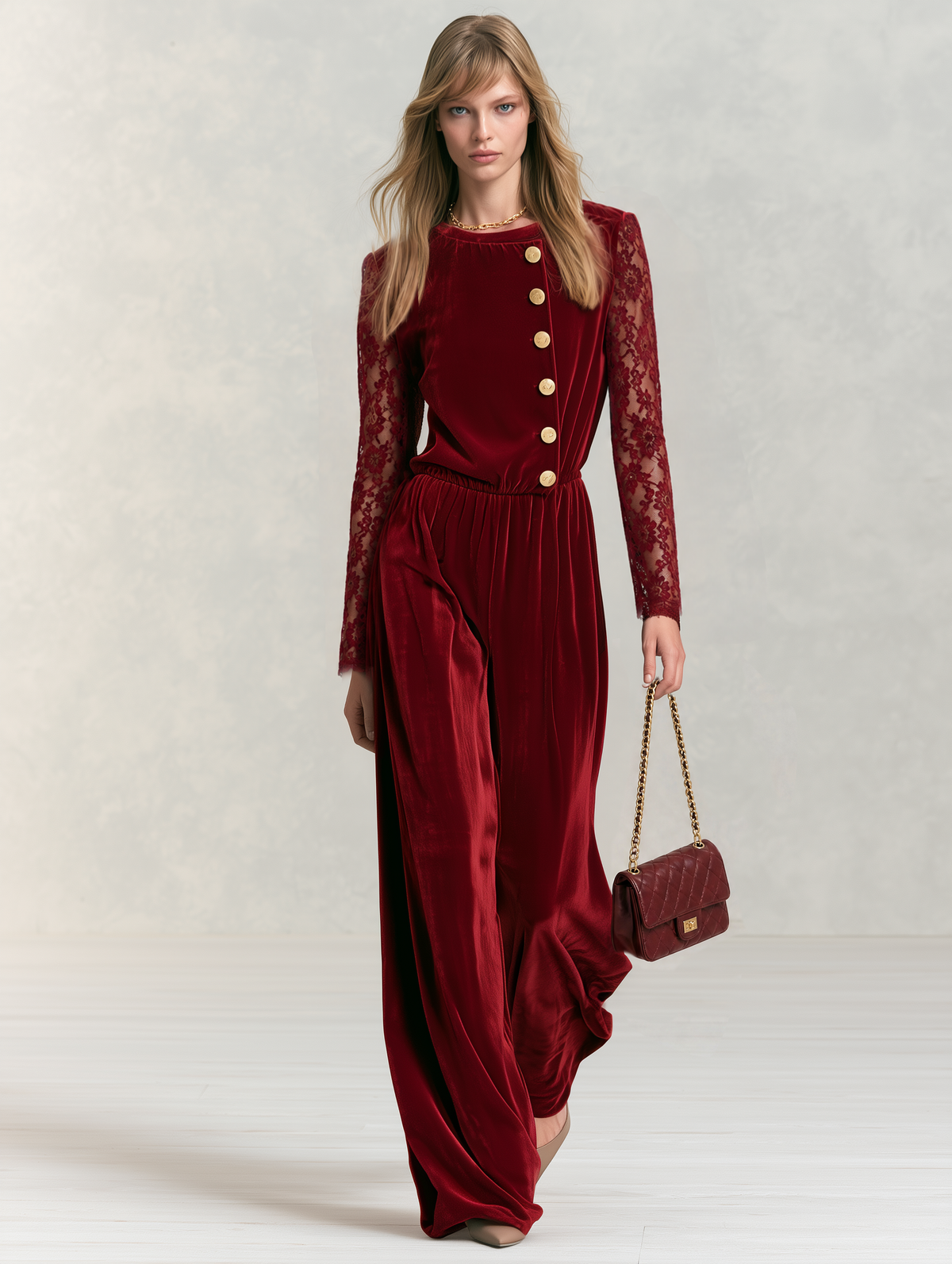 Tamara-Colette | Women's Lace-Sleeve Velvet Wide-Leg Jumpsuit