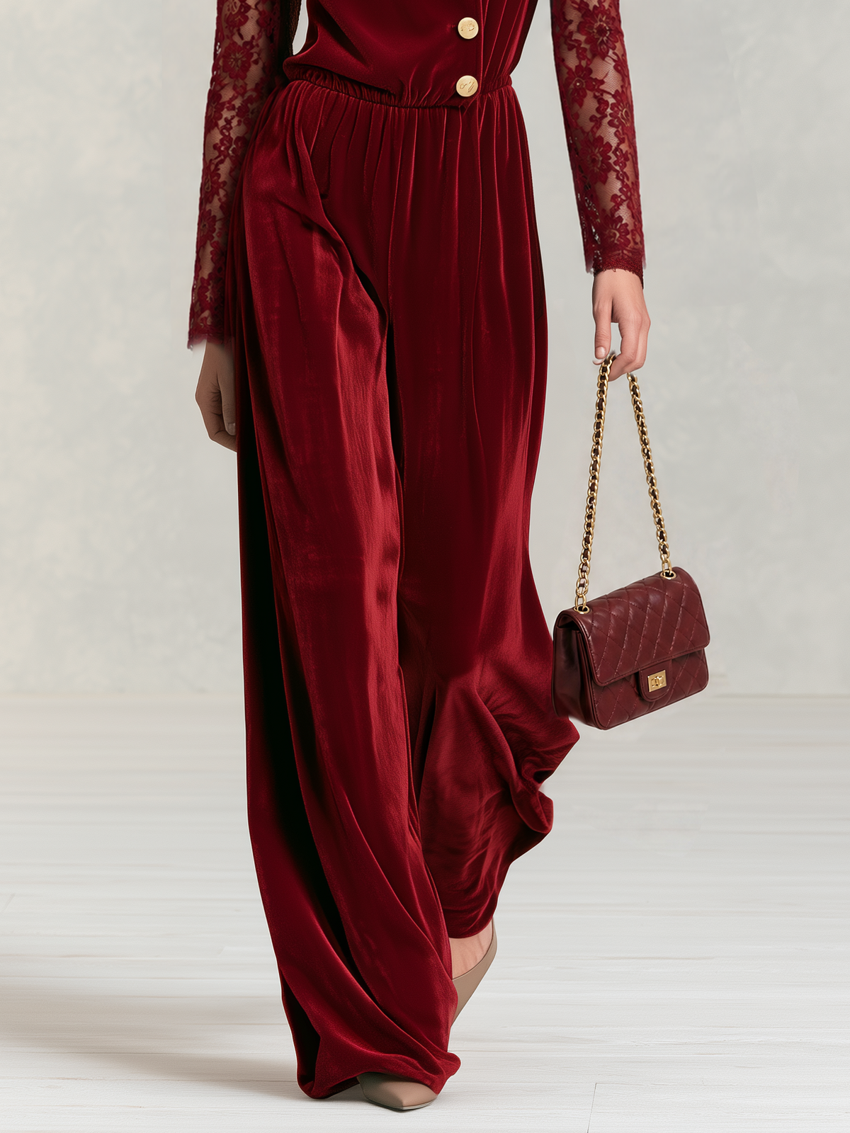 Tamara-Colette | Women's Lace-Sleeve Velvet Wide-Leg Jumpsuit