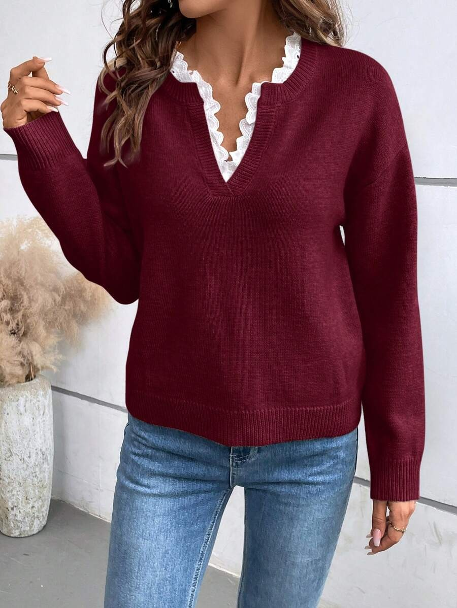 Vera-Josephine | Women's Lace-Trim V-Neck Knit Pullover Top