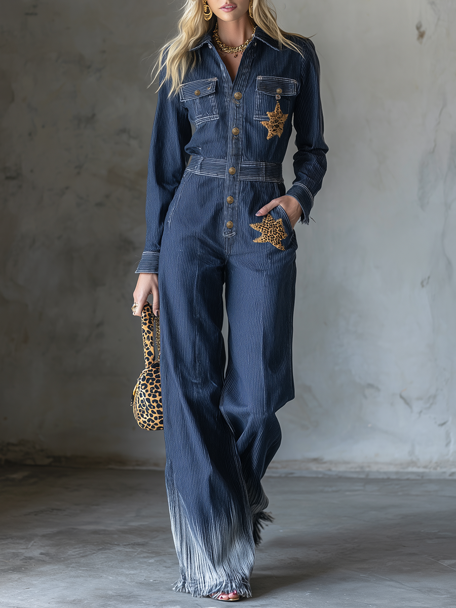 Hazel-Judith | Women's Leopard-Patch Denim Jumpsuit