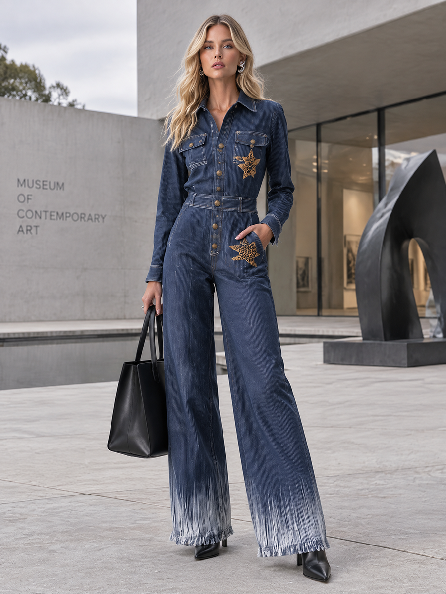 Hazel-Judith | Women's Leopard-Patch Denim Jumpsuit